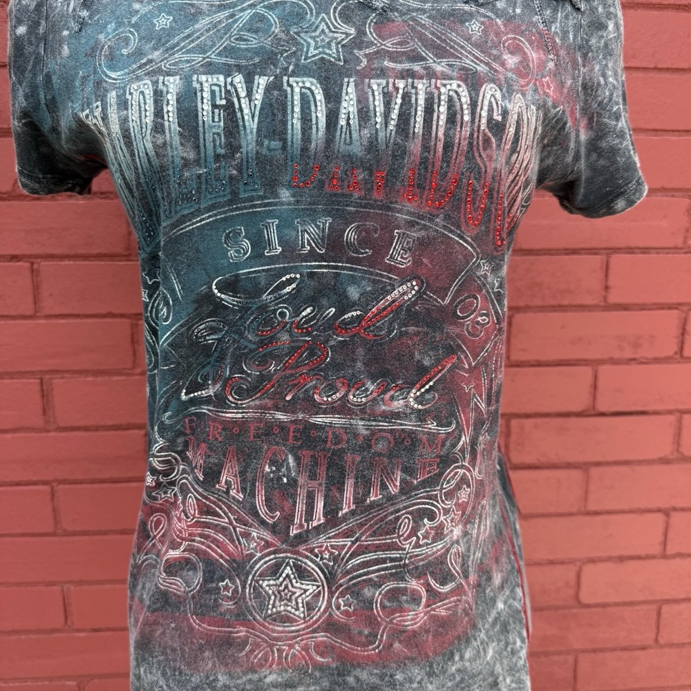 Harley Davidson Loud & Proud‎ Tee Womens Size Small Lace Accent American Flag - Picture 2 of 8